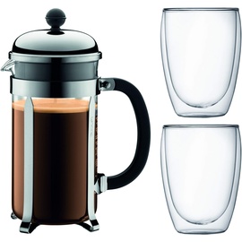 Bodum Chambord Kaffeebereiter 1 l chrom inkl. 2 Doppelwandigen Gläser 0,35 l