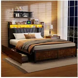 zebery Polsterbett Stauraumbett LED Doppelbett (für Jungen und Mädchen, Mit große Stauraum), Jugendbett 140x200cm mit 4 Schubladen,Metallbett mit USB&Type-C 140 cm x 217 cm x 112.5 cm