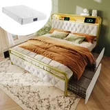 Doppelbett 140×200cm Polsterbett (Mit Matratze) Weiß Samt Metallbett Mit aufladen USB Typ C Ladefunktion APP-Kontroll LED und 4 Schubladen - Weiß