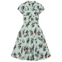 Hell Bunny A-Linien-Kleid Sofia Retro Vintage Swingkleid Rockabilly Palmen Tropisches Muster Relaxed Fit grün XXL