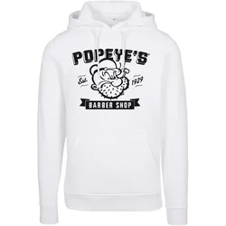 Kapuzensweatshirt MERCHCODE "Merchcode Herren Popeye Barber Shop Hoody", Herren, Gr. M, weiß, 65% Baumwolle, 35% Polyester, unifarben, Langarm, Sweatshirts