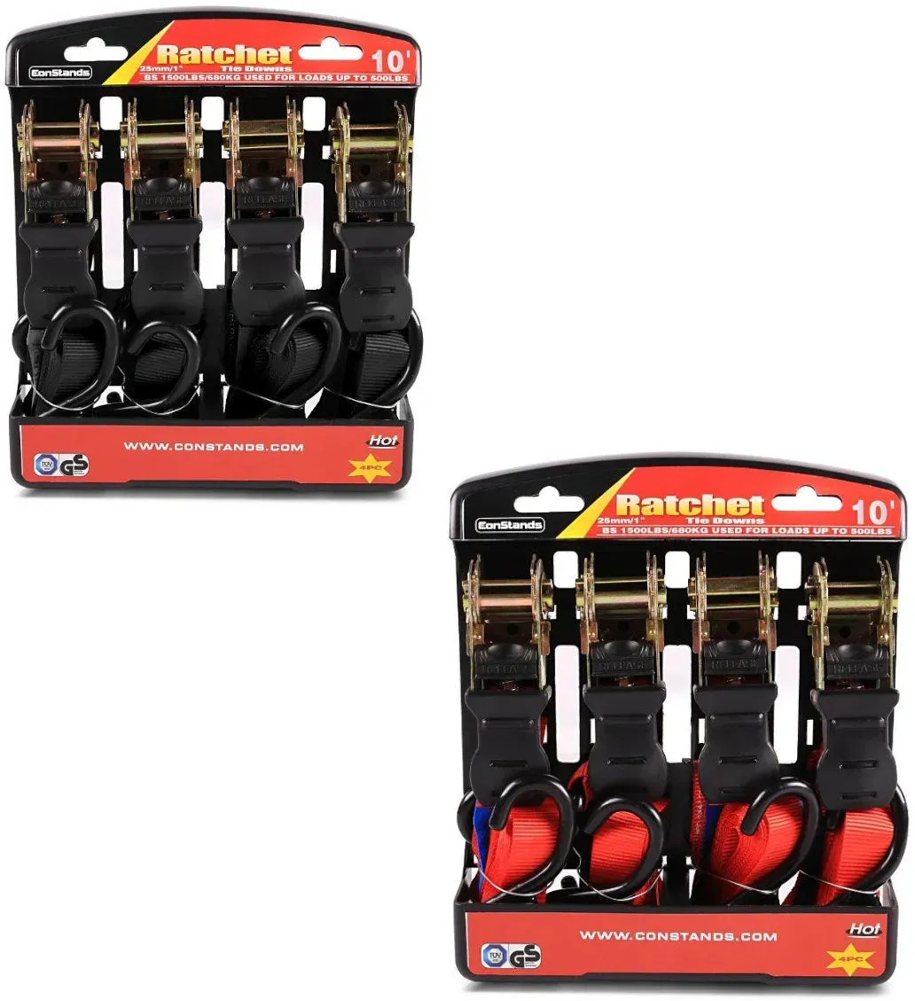 Set: Spanngurt Set mit Ratsche und Haken inkl 4x Zurrschlaufe in schwarz + Spanngurt Set mit Ratsche und Haken inkl 4x Zurrschlaufe in rot