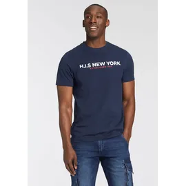 H.I.S. T-Shirt H.I.S, Damen, Gr. XXL (60/62), blau (marine), Single Jersey, Obermaterial: 100% Baumwolle, bedruckt, schmal, Rundhals, gerader Abschluss, Shirts T-Shirt, Mit großem Frontprint