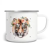 miKalino Emaille Tasse Mädchen - Trinkbecher Kinder personalisiert - Emaille Becher mit Tiger-Motiv - Kindertasse mit Namen - Kindertasse bedruckt - Emaille Becher Weiß,Ohne Name