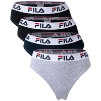 Fila Damen String 4er Pack - Logo-Bund, Cotton Stretch, einfarbig Schwarz/Grau/Marine XS