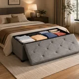 DUMOS Sitzbank mit Stauraum, Aufbewahrungsbox mit Deckel, 110 x 38 cm Truhenbank mit Stauraum, Sitzhocker mit Stauraum, bis 150 kg Belastbar, Fusshocker für Wohnzimmer Schlafzimmer Schlafsaal, Grau