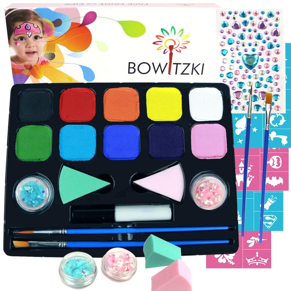 Bowitzki Face Paint Kit With 10 Colors,32 Stencils,2 Brushes,2 Chunky Glitters,2 Sponges,1 Body Glue,Water Based Easy To Remove Face Painting For Kids, Safe Professional Halloween Party Makeup Set