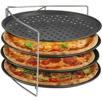 Relaxdays Pizzablech, 4er Set, mit Gestell, antihaftbeschichtet, Carbonstahl, Knusperblech