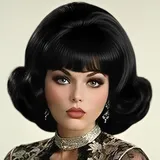 Siudus Bienenstock Perücken Frauen Schwarz Flip Vintage Lockig Cosplay Perücken Bouffant 50er 60er 70er Jahre Retro Kostüm Haar Perücke mit Pony für Halloween Party Verwendung
