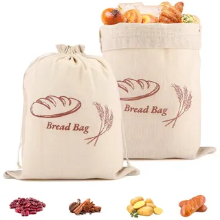 Leinen Brotbeutel 2er Set, Brottasche mit Kordelzug, Idealer Brotbeutel Leinen Aufbewahrung Frischhalten, Beutel für Brot, Baguette, selbstgemachtes Brot, Obst- und Gemüsebeutel