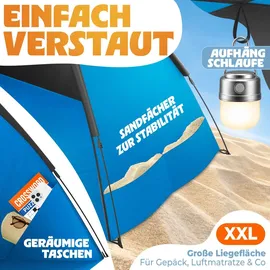 eloneo Pop Up Strandmuschel UV Schutz 80+, Leichter Aufbau und kleines Packmaß inkl. Tragetasche, Sonnenschutz & Windschutz für Babys und Erwachsene, Blau , 220x150x130 cm