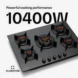 Klarstein Goldflame Nano Gaskochfeld, 70 cm, 5 Messingbrenner, 10,4 kW, Wok-Brenner, Nanobeschichtetes Glas, Flammenausfallschutz, Automatische Zü... | Schwarz