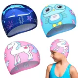3 PCS Badekappe Kinder, Badekappe Mädchen, Badekappes Kinder Jungen, Badekappes, Geeignet für Jungen und Mädchen Im Alter Von 2-12 Jahren, Reißfest – Geeignet für Langes Und Kurzes Haar/B