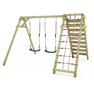Wickey Smart Cliff Kinderschaukel, Schaukelgestell, Schaukel, Schaukelgerüst, Doppelschaukel, Holzschaukel mit Kletteranbau für Kinder im Garten mit 2 Schaukelsitzen - grün