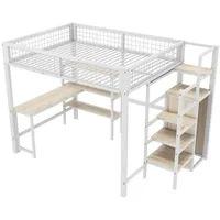 SOFTWEARY Hochbett mit Schreibtisch und Regal (140x200 cm) Metallbett mit Rausfallschutz, Jugendbett weiß