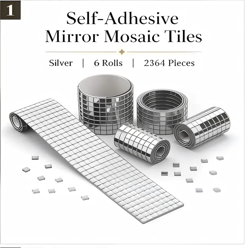 Selbstklebende quadratische Glas-Spiegel-Mosaikfliesen, Silber, 6 Rollen (2364 Stück), für DIY-Handarbeiten, Wanddekoration, Spiegelrahmen und Bühnenrequisiten