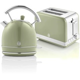 SWAN STP7050GNEU Retro Set Frühstück, Wasserkocher 1,8L Kabellos, 2 Breitschlitz-Toaster, Vintage, Grün, 850W