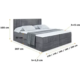 altdecor Boxspringbett mit H3 Matratze und Topper - 180 x 200 cm - IDRIKO - Dunkelgrau Samt - Polsterbett mit Bettkasten und Lattenrost, Bett mit S... - Dunkelgrau
