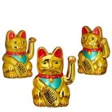 relaxdays Winkekatze 3 x Maneki Neko Winkekatze 16 cm goldfarben|rot