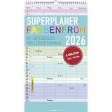 ALPHA EDITION GmbH & Co. KG Superplaner Farbenfroh 2026 - 5 Spalten - Familienkalender 26x45 cm - Offset-Papier - mit Ferienterminen - Wandkalender - Wandplaner