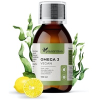 plantrition Premium Omega 3 Vegan hochdosiert I Algenöl 2000mg Omega 3 nachhaltige Kultivierung - reich an EPA & DHA - kein Aufstoßen leichtes Zitronenaroma mit Ausgießer