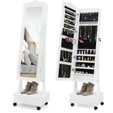 Goplus Schmuckschrank Mit Spiegel, Spiegelschrank Mit Led-licht & Schublade, Abschließbare Schmuckaufbewahrung Mit Rollen (weiß)