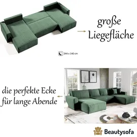 beautysofa | Ecksofa PARYS U - 390 cm, Ecksofas mit Schlaffunktion und Bettkasten, Modernes Schlafsofa in Grün - Grün