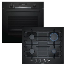 Bosch HERDSET BOSCH Einbau-Backofen Pyrolyse Hydrolyse + Gas-Kochfeld schwarz autark 60 cm