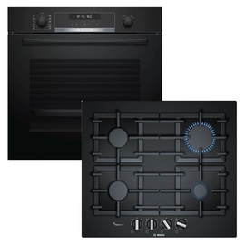 Bosch HERDSET BOSCH Einbau-Backofen Pyrolyse Hydrolyse + Gas-Kochfeld schwarz autark 60 cm