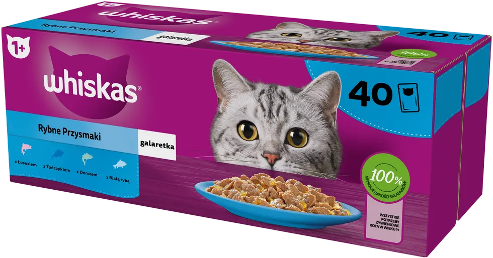 WHISKAS Adult Sachets 40 x 85 g Fishy Treats - Nassfutter für ausgewachsene Katzen in Gelee (Stücke mit: Lachs, Thunfisch, Kabeljau, Weißfisch) (Rabatt für Stammkunden 3%)