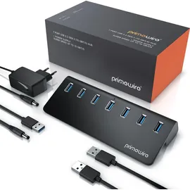 Primewire USB 3.2 Gen2 Hub, 7 Port Aktiver Verteiler mit Netzteil, 10 Gbit/s - Schwarz