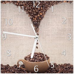 Wallario Wanduhr Tasse mit Kaffeebohnen – Kaffeedesign (Glasuhr) braun 20 cm x 20 cm