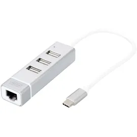 Digitus USB2.0 3-Port HUB & Fast Ethernet LAN-Adapter mit Typ-C Anschluss