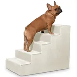 VELORA H&L Hundetreppe 5 Stufen Cremefarben - Stabile Holzkonstruktion mit Veloursbezug, rutschfeste Hundetreppe für Sofa und Bett, Haustiertreppe für Hunde und Katzen, Belastbar bis 80 kg