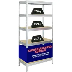 PROREGAL Schwerlastregal Rivet HxBxT 180x90x45cm Fachlast 250kg, Innovatives Stecksystem, Verzinkt, Garagenregal, Lagerregal, Steckregal, Kellerregal