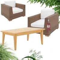 GARLAND® Gartenmöbel Set Havanna 3tlg Lounge Polyrattan Teak Holz Beistelltisch Wetterfest Sitzkissen Balkonmöbel Tisch Terrasse Garten Sessel B... - Braun