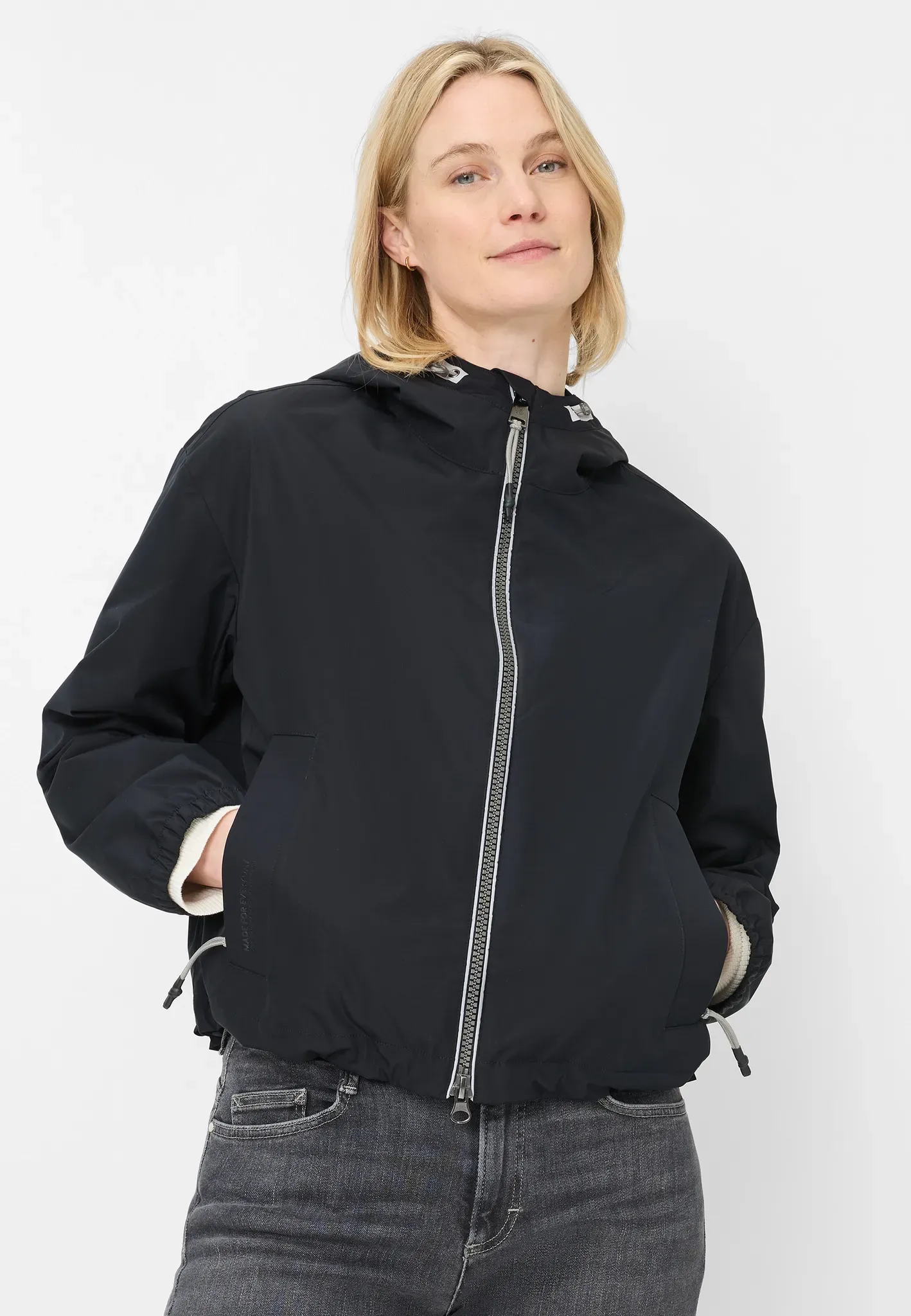 Outdoorjacke FUCHS SCHMITT, Damen, Gr. 48, marine, Web, Obermaterial: 100% Polyester, unifarben, regular fit normal, hoch geschlossener Ausschnitt, elastischer Bund, Jacken Outdoorjacke, mit Kapuze, Regular Fit, Reißverschlusstaschen