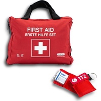 Erste-Hilfe-Tasche & 2x Beatmungstücher, mit Sofort-Kältekompressen, Rettungsdecke, Pflastersortiment, 103-teilig gefüllt, für Zuhause & Outdoor, CPR Maske, Mund zu Mund Beatmungsschutz, Beatmungstuch