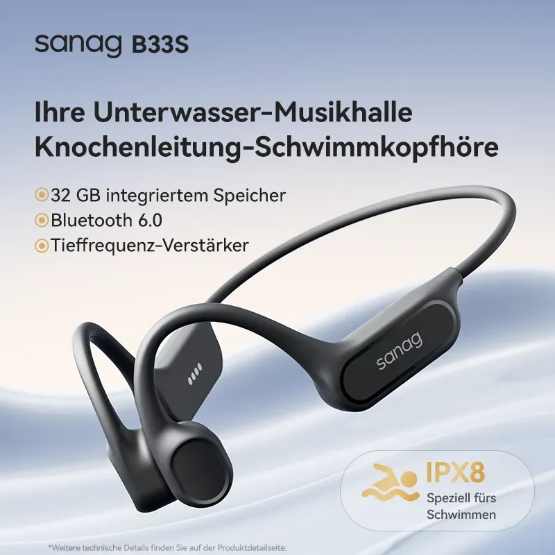 Sanag B33S Swimming Bone Conduction Wireless Microphone Earbuds Open Ear Headset Ipx8 Bone Conduction Headphone S-B33S.32G-CL-Headphones-Black
