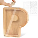 LEcylankEr Spardose Kinder Personalisierte A-Z Alphabet Sparbüchse Holz Spardose Dekoration Kreative groß Sparschwein als Geschenke für Geburtstag, Weihnachten und Thanksgiving (P)