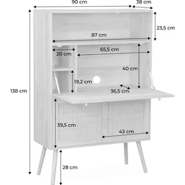 sweeek - Schreibschrank / Sekretär, 2 Türen und Regale, Holzeffekt, und Rohrgeflecht,