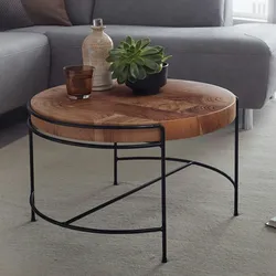 Kadima Design Industrial-Stil Couchtisch aus Akazienholz, Mattschwarzes Metallgestell. 62x62x40 cm
