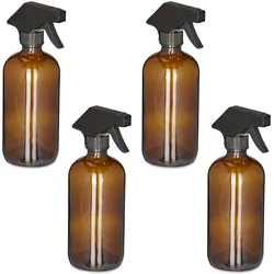 Relaxdays Sprühflasche Glas, 4er Set, 500 ml, Nebel & Strahl, Spritzflasche für Haarpflege, Reinigung & Pflanzen, braun