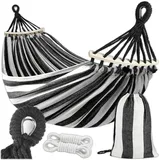 KRUMAD Hängematte 260 cm, Belastbar bis 250 kg, Wetterfest, Baumwoll-Polyester, für Garten, Balkon, Camping, mit Holzstreben & Tragetasche (Schwarz-Weiß, Ohne Gestell)