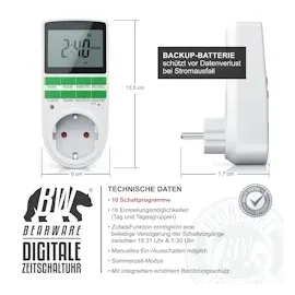 Bearware - Zeitschaltuhr digital - 2,1 LCD-Display 5,3 cm - 3680W - Digital-Zeitschaltuhr mit 10 konfigurierbaren Programmen - Back-Up Reserve-Akku