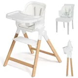 Ezebaby Hochstuhl Baby Klappbar Holz Beine Kinderstuhl 4 in 1 Mitwachsender Babystuhl Kinderhochstuhl ab 6 Monate mit Sitzerhöhung Barhocker Funktion transparent (Weiß)