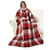 Catalonia Classy Flauschig Kuscheldecke mit Ärmeln Warm Weihnachten Geschenk für Frauen Herren, Flauschige Sherpa Tragbare Decke mit Ärmeln, Wohndecke zum Anziehen Erwachsene, 185 x 140 cm Rot Plaid