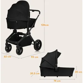lionelo MIKA PLUS 3in1 bis 38 Monate (22kg), XXL-Verdeck mit UPF50+, 3-stufige Verstellung des Elterngriffs - Black Onyx - Schwarz