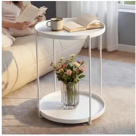doporro Beistelltisch rund, Couchtisch klein Ø35 x H51 cm, Kleiner Tisch mit 2 abnehmbaren Ablagen und Metallgestell für Wohnzimmer, Schlafzimmer und Balkon, Nachttisch, Beistelltisch Weiß Reglo-08