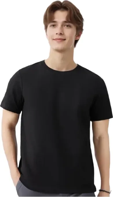 ochama x J.ZAO Herren T-Shirt mit kurzen Ärmeln, Baumwolle, Basic Shirt, Schwarz L